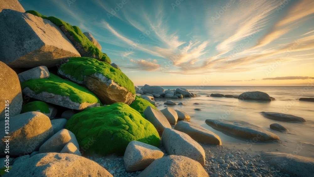 Poster heap of large boulders in the foreground alongside a row of small rocks in the background. rocky bea