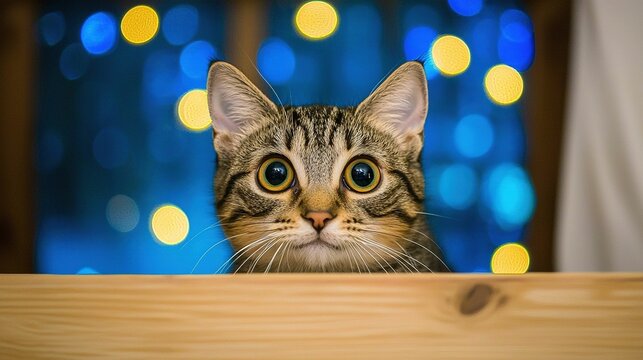 Curious tabby cat peering from behind a wooden shelf