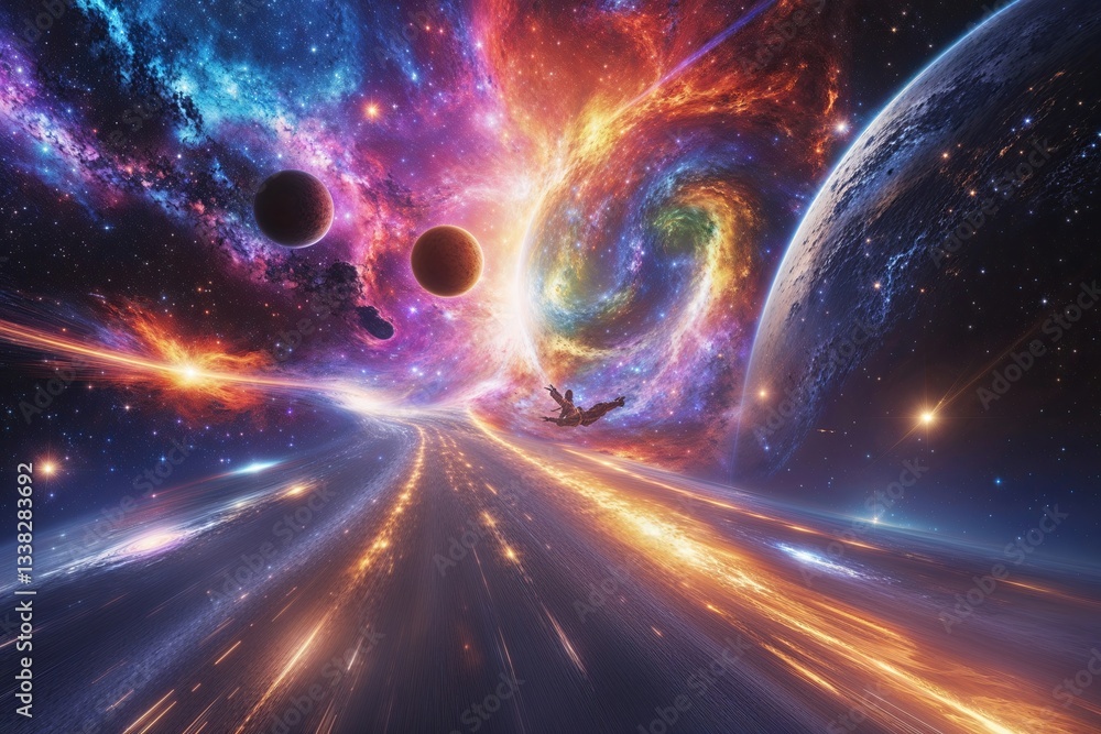 Poster cosmic adventure journey through colorful spaces and stellar speed