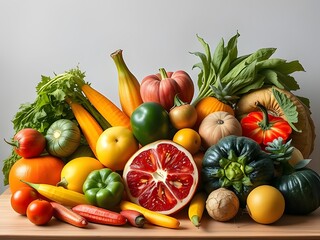 Fresh Colorful Assortment of Fruits and Vegetables on Wooden Table.