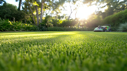Obraz premium Lush green lawn with sunlight filtering through trees, showcasing vibrant grass and peaceful outdoor setting. Ideal for lawn maintenance and gardening enthusiasts