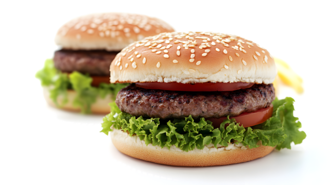 Two hamburgers with lettuce and tomato on top. One is on the left and the other is on the right