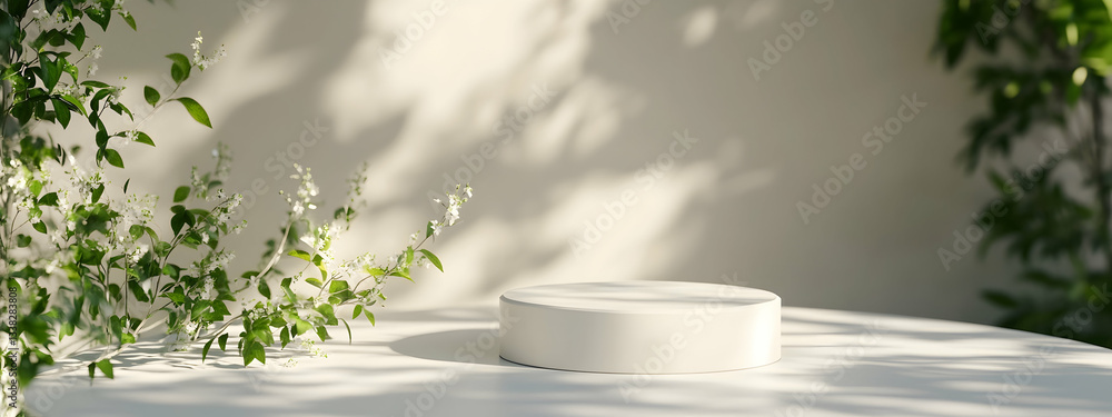 Poster 3d rendering of an empty white podium with plants on a light background