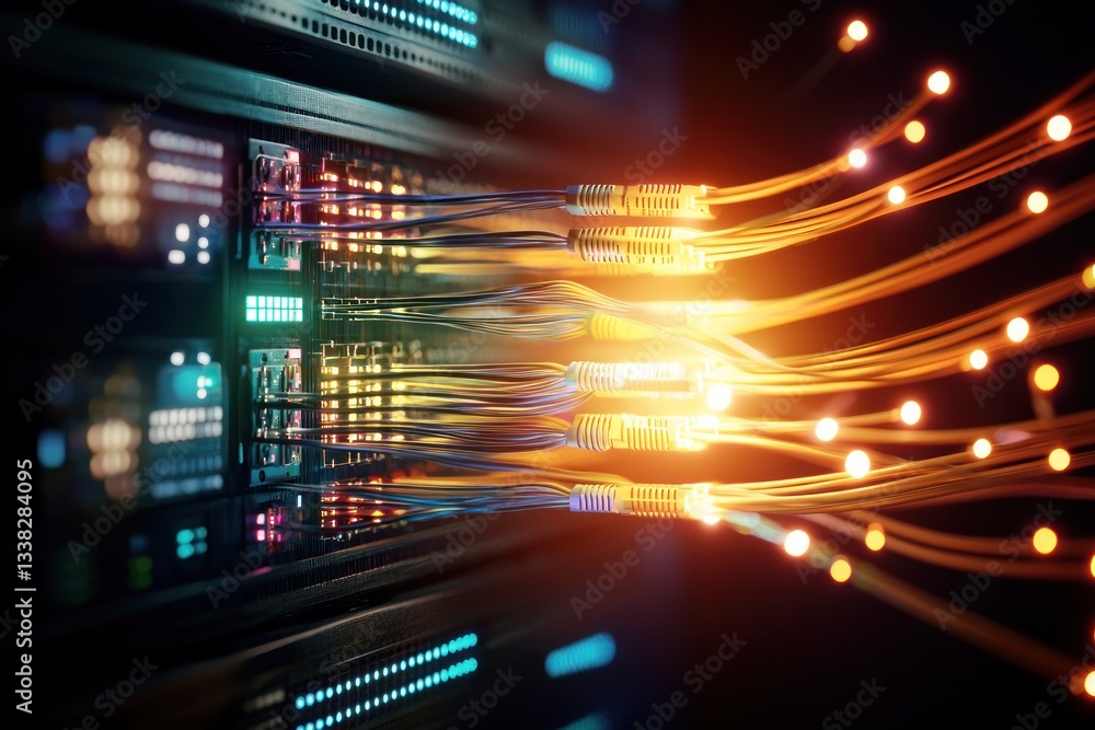 Poster illuminating connection orange fiber optic cables emerging from network server racks in data center 