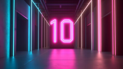 Neon Number Ten In A Futuristic Corridor