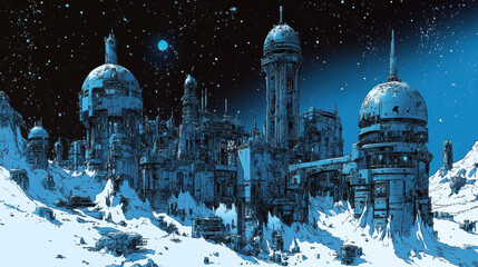 futuristic cityscape with towering structures under starry night sky, set in snowy landscape. scene evokes sense of mystery and wonder