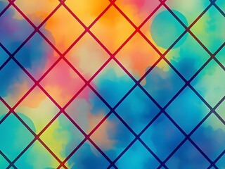 Colorful Watercolor Background with Diamond Grid Pattern.