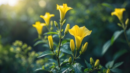 Obraz premium This is the trumpet flower, known for its easily recognizable characteristics, featuring a shape that resembles a trumpet and a vibrant yellow hue.
