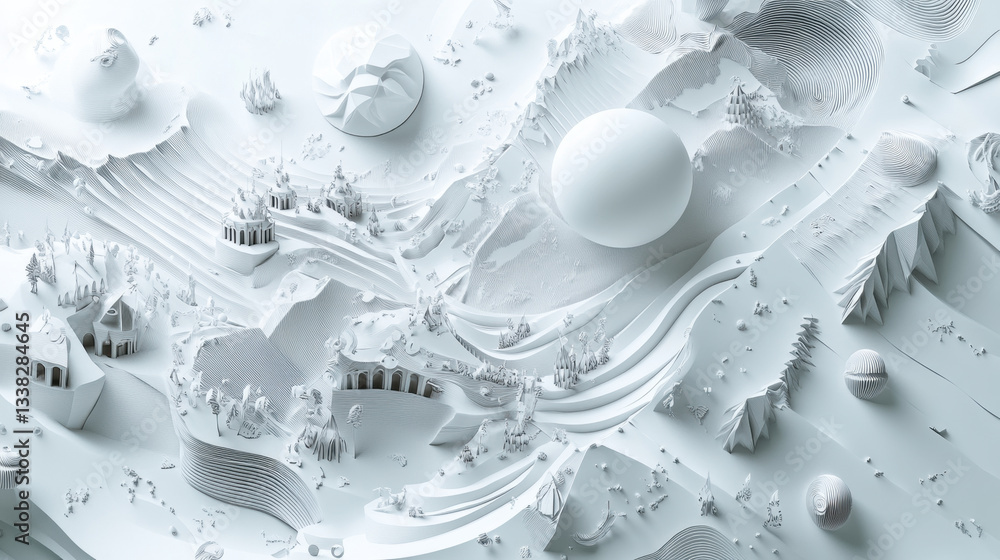 Poster surreal landscape crafted from white paper features intricate architectural structures, trees, and a