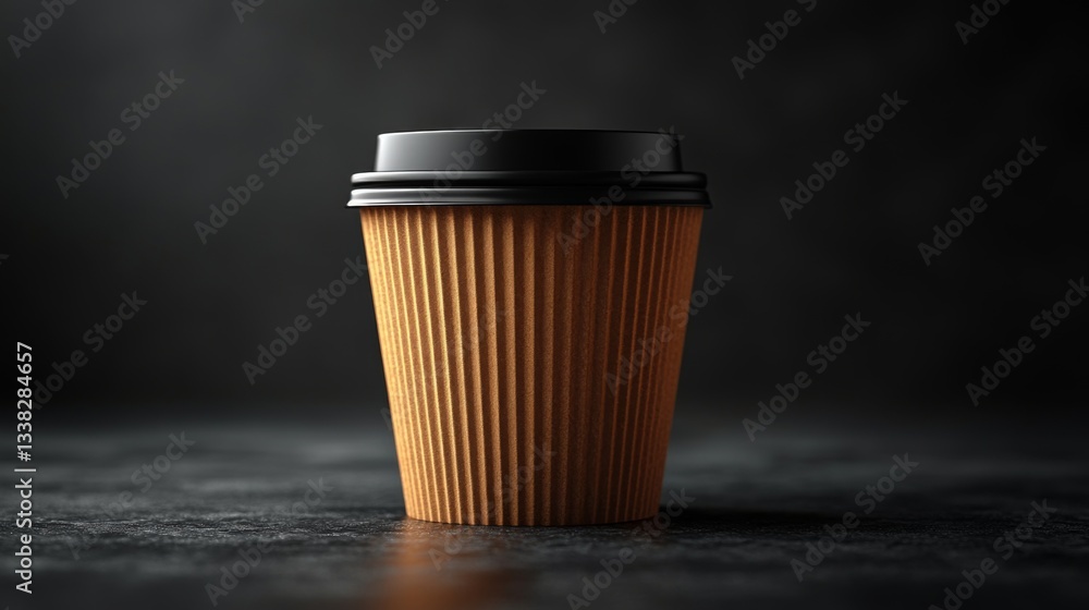 Poster a brown disposable coffee cup with a black lid sits centered on a dark surface, highlighting its tex