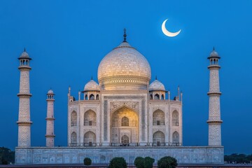 Obraz premium Taj mahal illuminated under a crescent moon in a serene blue twilight sky at dusk or early eveningkayum12196@gmail.com