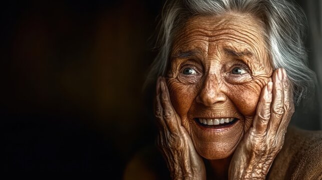 An elderly woman joyfully smiling with her hands on her face, radiating warmth and happiness, capturing the essence of joy and aging gracefully.