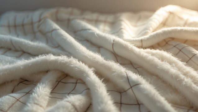 A plush cozy plaid crafted from white material. The texture of the soft white fabric with a pile, uniformly laid out. Gentle textile backing for your design.