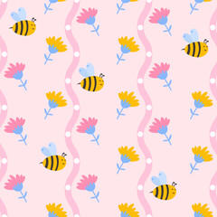 Playful and heartwarming seamless vector illustration with bees, flowers, and soft line elements, bringing a gentle and nature-inspired look to children's fabric, wallpapers, and festive packaging