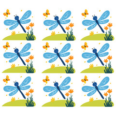 The background pattern is a cute blue dragonfly with flowers