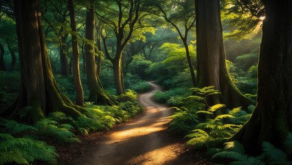 Obraz premium Pathway through vibrant green forest