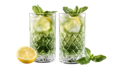 Two glasses of green drink with a lemon slice in the middle. The drink is served in a fancy glass with a mint leaf garnish