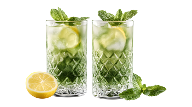 Two glasses of green drink with a lemon slice in the middle. The drink is served in a fancy glass with a mint leaf garnish