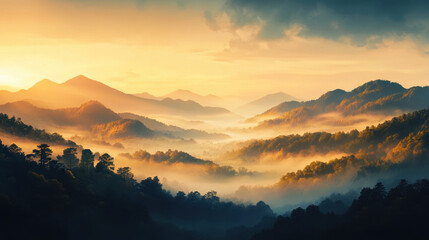 Obraz premium Misty morning in countryside with mountains and fog creating serene landscape. warm colors of sunrise illuminate scene, evoking sense of tranquility and beauty