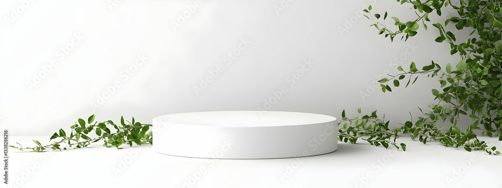 Poster 3d rendering of an empty white podium with plants on a light background