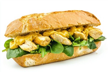 Delicious chicken sandwich on crusty bread with fresh spinach and flavorful curry sauce closeup