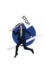 Vertical collage creative illustration image happy smile enjoy young man office hold placard...