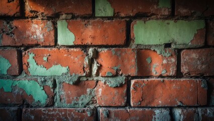 The surface of an ancient vintage brick wall featuring leftover elements of plaster decoration.