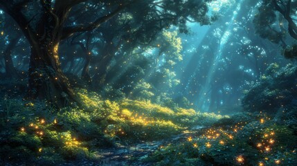 Fototapeta premium A forest with a path through it and a lot of light shining through the trees