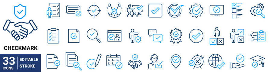 Checkmark web line icons set. Containing check, accept, agree, selected, confirm, approve, correct, complete, checklist.