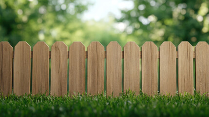 Fototapeta premium wooden fence stands in lush green landscape, creating serene outdoor scene. natural wood texture complements vibrant grass, enhancing peaceful atmosphere