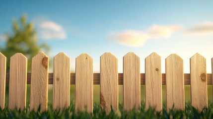 wooden fence stands against serene sky, surrounded by lush grass, creating peaceful outdoor scene. warm sunlight enhances natural beauty of wood