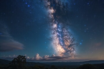 Fototapeta premium Stunning Night Sky View of the Milky Way Galaxy and Twinkling Stars in a Peaceful Landscape