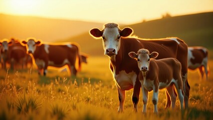 Cattle in a golden field during dusk. A herd of cows grazing on pasture. Herd of cattle raised regeneratively on an agricultural farm. Sustainable agriculture.
