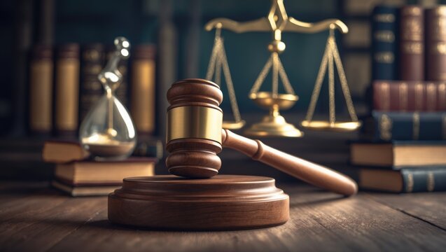 law theme, gavel, wooden desk, scales of justice, books, statue of justice, hourglass