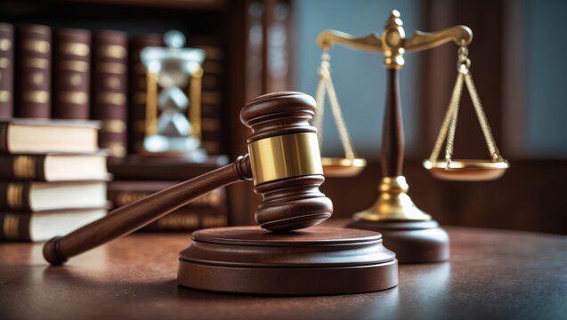 law theme, gavel, wooden desk, scales of justice, books, justice statue, hourglass