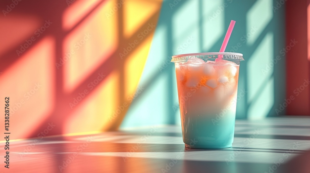 Poster A colorful drink in a clear cup with ice sits on a table in a cafe. Bright sunlight creates dramatic shadows and adds warmth to the scene with a playful mix of colors.
