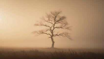 Lonely tree in the fog, nature in autumn, morning landscape, sepia hue.