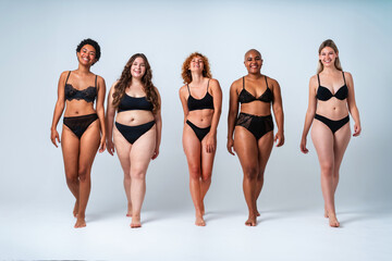 Multiethnic group of women wearing underwear with diverse kind of bodies, concepts about body...