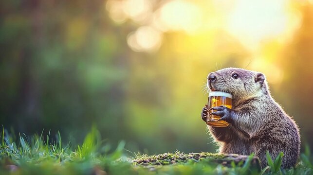 Cute groundhog with beer