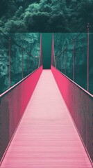 Minimalist pink bridge suspended above an endless green chasm.