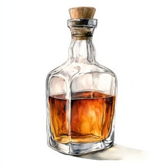 Artistic Glass Bottle of Golden Liquor with Cork Stopper on White Background