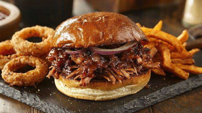 Delicious pulled pork burger on black slate with onion rings and sweet potato fries Gourmet food - Powered by Adobe