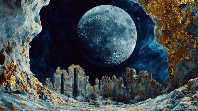 mysterious lunar landscape with ancient ruins is set against backdrop of large, detailed moon. scene is filled with blue and gold hues, creating surreal and otherworldly atmosphere