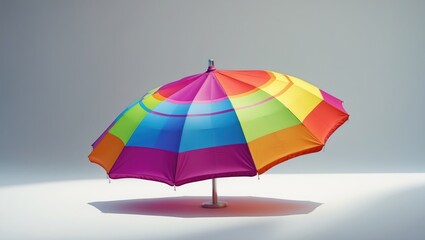 Rainbow beach umbrella set apart on a white backdrop.