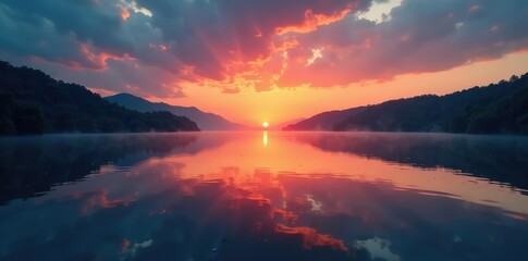 Obraz premium The river's surface is like glass as an eerie sunrise creeps over the horizon, glassy, dawn