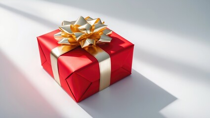 Obraz premium Red gift box with golden bow against a white background. Close-up view from above.