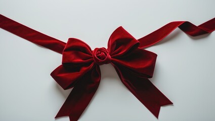 Red velvet bow and ribbon set against a white background. Decoration for gift boxes, design element. Wrap embellishment.