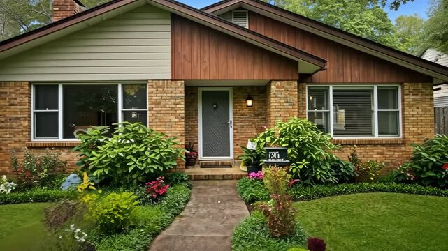 Front view of a single story brick house with a well manicured lawn and garden in the yard