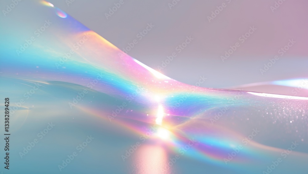 Poster refraction of light through glass creates a glare on a surface displaying rainbow colors.