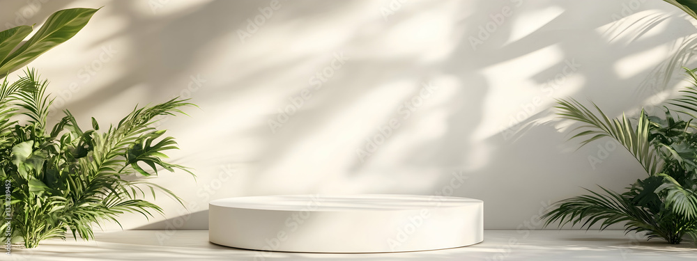 Poster 3d rendering of an empty white podium with plants on a light background